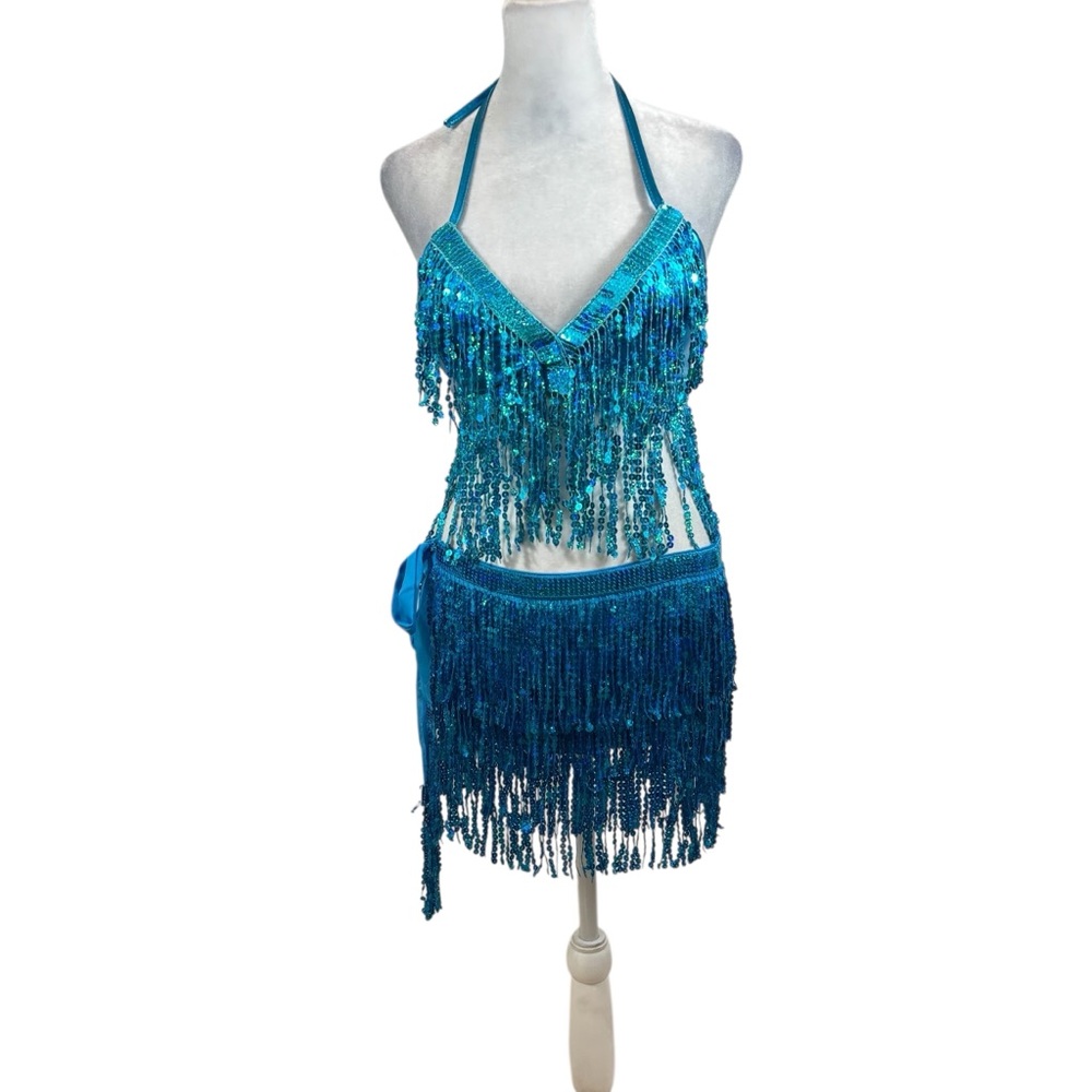 Ladies‎ Turquoise Blue Sequin 2 Piece Set Wrap Skirt and Top Size Medium